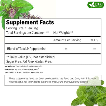 FreshDrinkUS, Premium Tulsi Peppermint Herbal Tea – 55 Tea Bags, 100% Natural, Blend of Tulsi Holy Basil Leaves, and Peppermint Leaves. Made with Natural Material Tea Bags. No Sugar, Vegan.