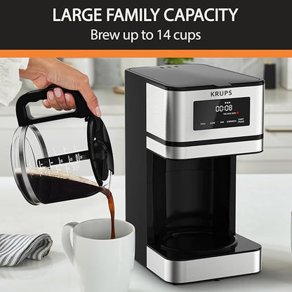 KRUPS Simply Brew: Stainless Steel and Glass Carafe 14 Cup Drip Coffee Maker, Programmable with Digital Display, Dishwasher Safe, Drip Free Coffee Machine, Black and Silver
