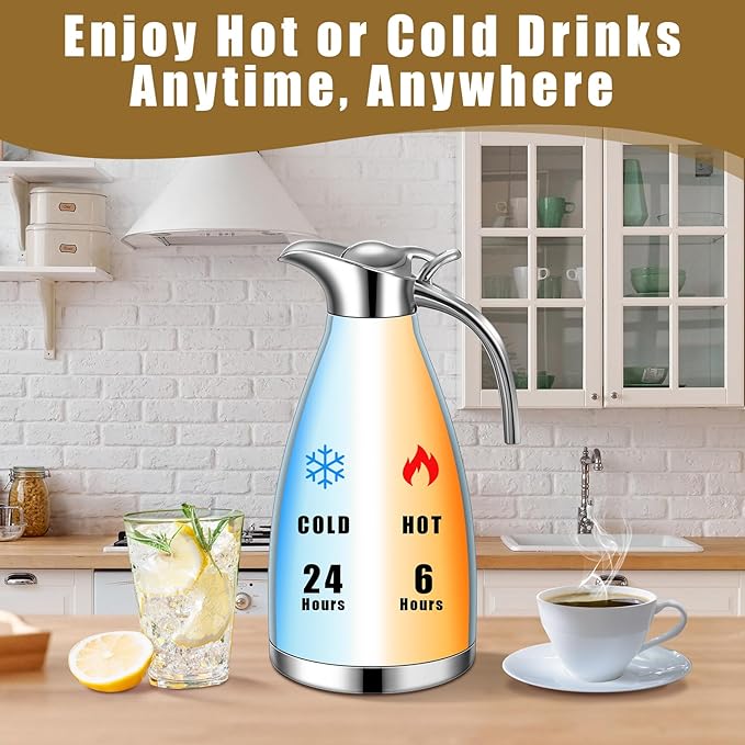 Uiifan 2 Pcs 68 oz Thermal Coffee Carafe Insulated Stainless Steel Coffee Carafe for Hot Liquids Vacuum Thermal Pot Creamer Dispenser with Brushes Keeping Hot Tea Milk Water(Khaki Blue)