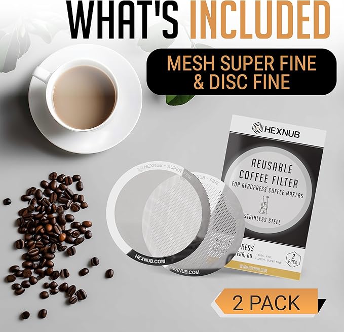 HEXNUB - Reusable Metal Filters for AeroPress Coffee Maker, Stainless Steel Filter Fits AeroPress Original & Go Cafe Press, Fuller Bodied Coffee Than Paper Filters - SILVER 2-PACK