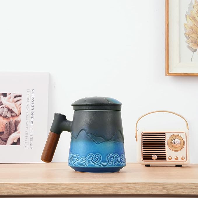 ZENS Tea Cup with Infuser and Lid for Loose Leaf Steeping, 16.9oz Embossed Ceramic Tea Infuser Mug, Wood Handle Tea Diffuser, Great Gift