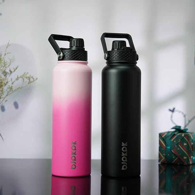 BJPKPK 2 Pack Insulated Water Bottles with Straw Lids, 40oz Stainless Steel Metal Water Bottle with 6 Lids, Leak Proof BPA Free Jugs, Cups, Flasks for Travel, Sports (Cherry+Black)