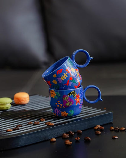 Ceramic Espresso Cups Set of 2 – Mini 3 oz Double Espresso Coffee Cups with Cute Q Handle, Floral and fruit Patterns, Small Blue Demitasse Shot Cups for Coffee Machine