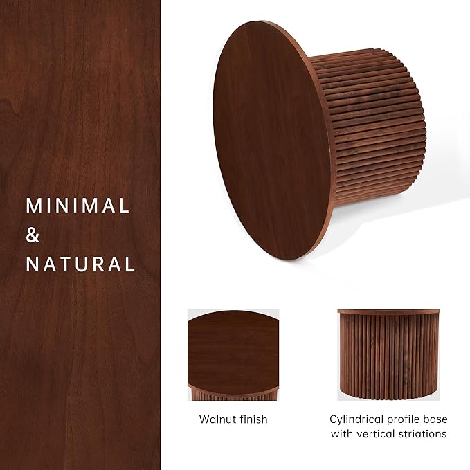 NORDICANA Single Accent Round Coffee Table, 27.5 Inch Wide 16.7 Inch Tall Walnut Color Farmhouse Center Table for Living Room, Manufactured Wood Top with Walnut Veneer