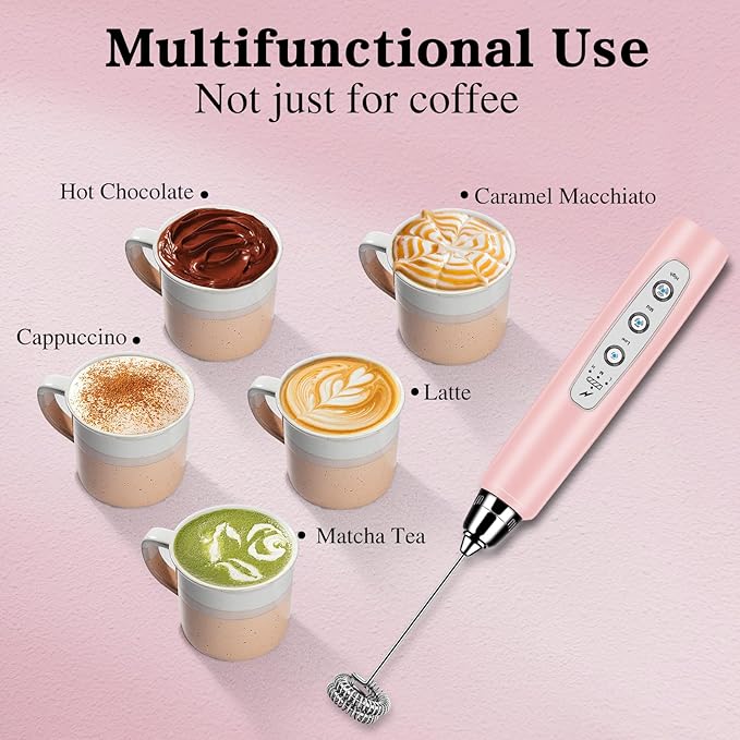 Milk Frother Handheld for Coffee, Electric Whisk 3 Speed Adjustable, Drink Mixer with Stainless 3 Whisks, Rechargeable Hand Frother Wand, Foam Maker for Latte Cappuccino Hot Chocolate Egg Pink