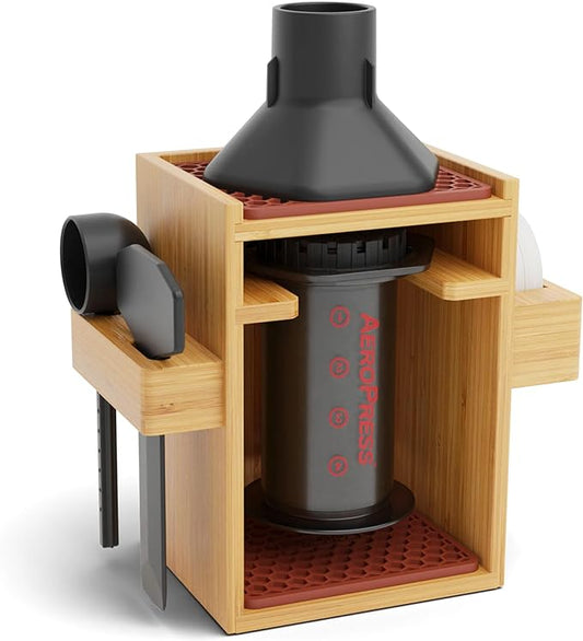 HEXNUB – Compact AeroPress Organizer Stand, Bamboo Coffee Caddy for AeroPress Coffee Maker, Accessories, Filters, Cups, Includes Mats - Brown