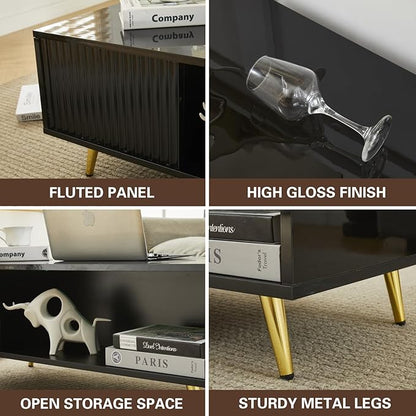 COSVALVE 41.3IN LED Black Coffee Tables for Living Room with 16 Colors LED Lights, Modern Minimalist Coffee Table with Fluted Panel, Rectangle Center Table Game Table