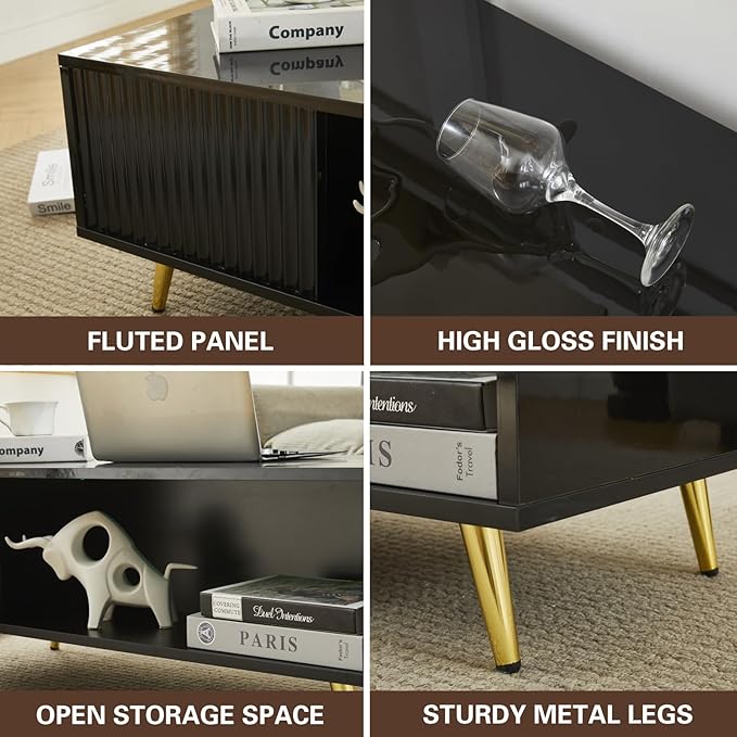 COSVALVE 41.3IN LED Black Coffee Tables for Living Room with 16 Colors LED Lights, Modern Minimalist Coffee Table with Fluted Panel, Rectangle Center Table Game Table