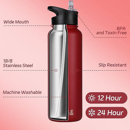 HASLE OUTFITTERS 40oz Stainless Steel Water Bottle, Vacuum Insulated Double Walled Leak Proof Sports Water Bottle with 2 Lids (Straw and Spout Lid) Thermo Mug Keep Cold and Hot(Red,4)