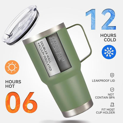 30 oz Tumbler with Handle and Lid, Stainless Steel Tumblers Double Wall Vacuum Insulated Travel Mug Leak Proof Cup Keep Drinks Cold and Hot Army Green, 1 Pack