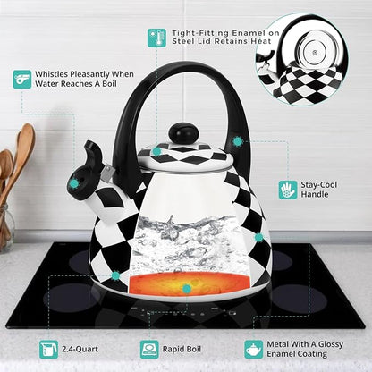 Whistling Tea Kettle for Stove Top Enamel on Steel Teakettle, Supreme Housewares Harlequin Pattern Tea Kettle Cute Kitchen Accessories Teteras (2.4 Quart, Black and White Diamond Check)