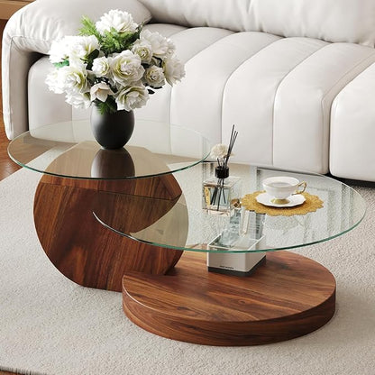 42 Inch Glass Coffee Table，Round Coffee Table with 2-Tier Tempered Glass Tabletop，Easy to Clean Circle Coffee Table with Sturdy Base for Living Room，Office (Dark Walnut-Colored Base)