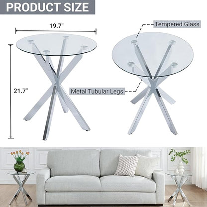 Modern Glass End Table, Small Round Side Table for Couch, Sofa Table with Clear Tempered Glass Top for Living Room, Bedroom, Bedside, 19.7" Wx21.7 H Silver