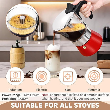 Induction Moka Pot, 6 Cups (10.6 oz) Crystal Glass-Top & Stainless Steel Moka Pot, Classic Stovetop Espresso Maker, Red