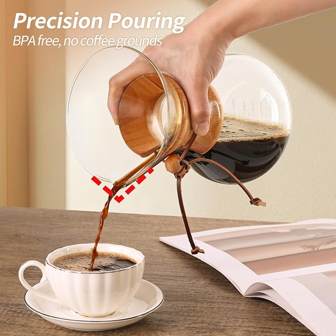 Pour Over Coffee Maker 34 OZ, 10 Cup Borosilicate Glass Drip Coffee Maker with Reusable Stainless Steel Filter and Cork Grip for Home Café 1000 ML