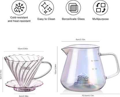 Bincoo Pour Over Coffee Maker Set with Dripper Size 01,Borosilicate Glass Coffee Server 400ML with Paper Filter,Pour Over Coffee Dripper Carafe for Home Cafe Restaurant Camping