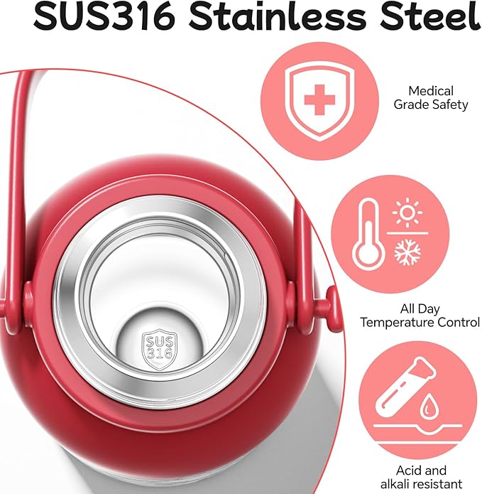 QWE Large Insulated Water Bottle with Straw&Lids,1200ml/40oz Vacuum Sealed Sport Bottles,Double Drinking,Stainless Steel Tumbler with Handle,LeakProof,BPA-Free,for Hiking,Gym,camp (Morden Red)