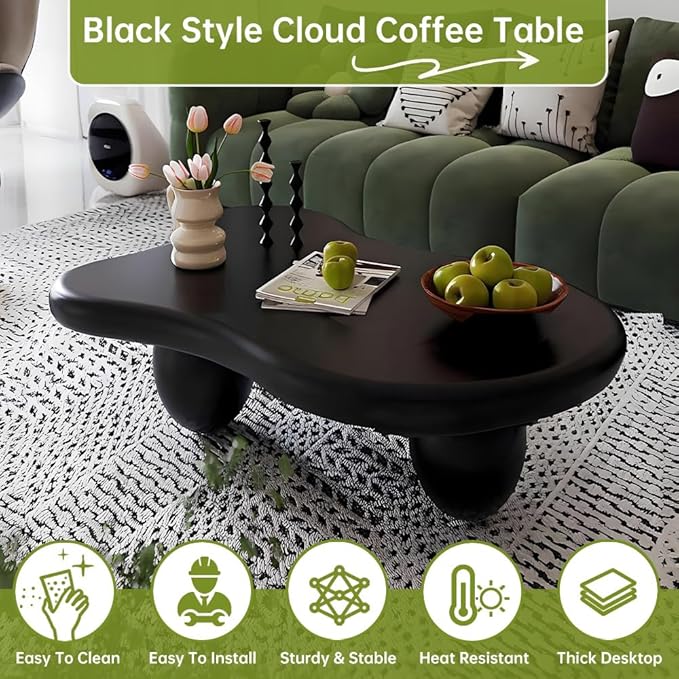 Cloud Coffee Table Modern Irregular Coffee Table Asymmetrical Unique Coffee Tables with 3 Bases for Living Room Farmhouse (D, 46")