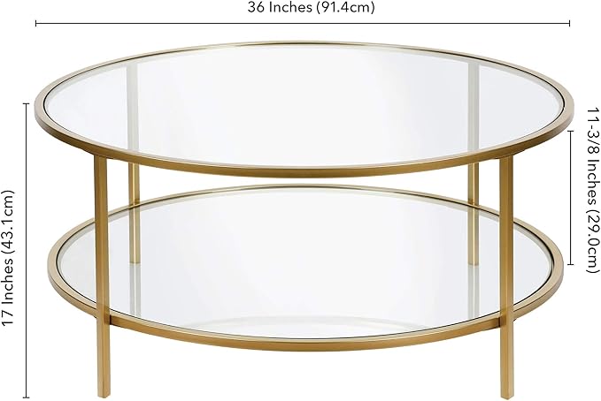 Henn&Hart 36" Round Coffee Table with Glass Top and Glass Open Storage Shelf for Living Room, Family Room, Office, or Apartment, Brass