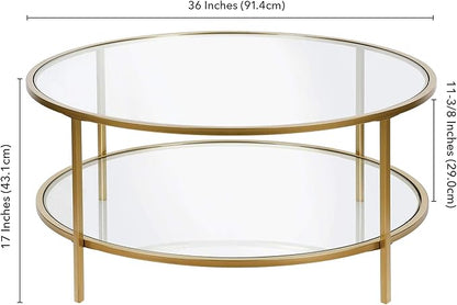 Henn&Hart 36" Round Coffee Table with Glass Top and Glass Open Storage Shelf for Living Room, Family Room, Office, or Apartment, Brass