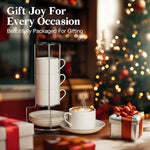 Load image into Gallery viewer, 5 Ounce White Porcelain Stackable Espresso Cups with Stainless Steel Holder, Set of 4, Durable Ceramic, Perfect for Home, Office or Gift