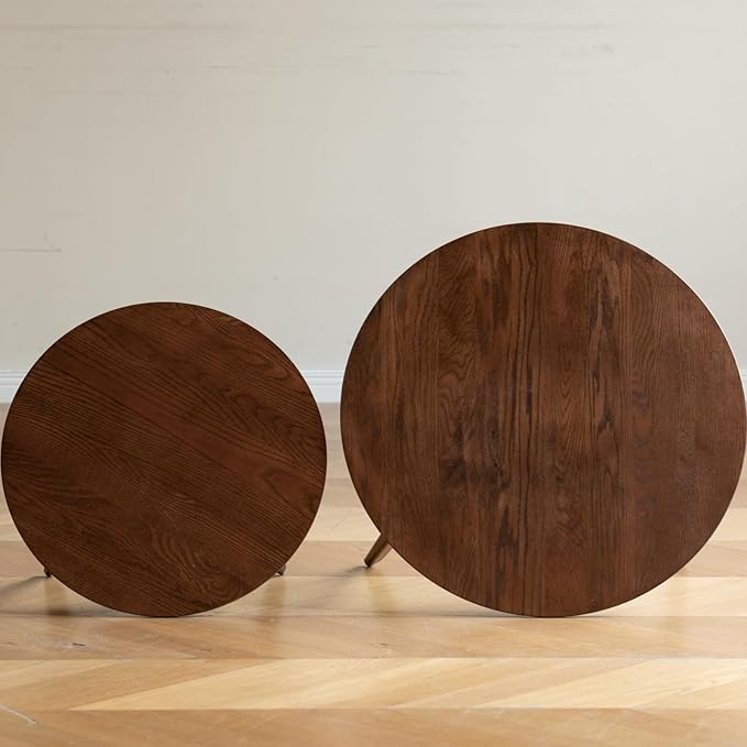 100% Solid Oak Wood Coffee Table Set, Round Coffee Table Combo Side Table w/Solid Wood Legs, Mid Century Table Sturdy Tables for Bedroom Balcony Living Room (Walnut, Big-Medium Combo)