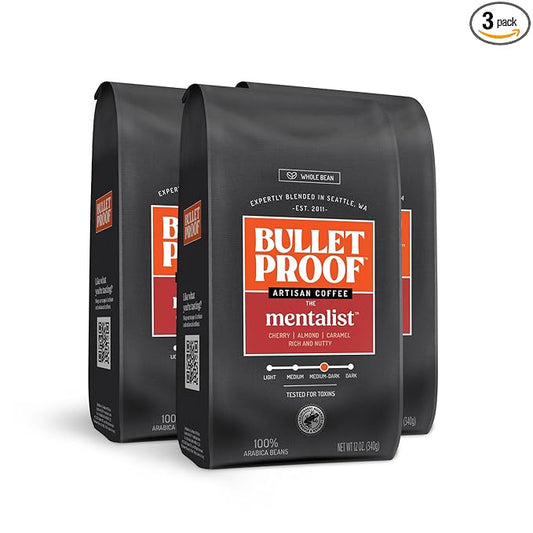 Bulletproof The Mentalist Medium-Dark Roast Whole Bean Coffee, 12 Ounces (Pack of 3), Clean Coffee Tested for Toxins, Packaging May Vary
