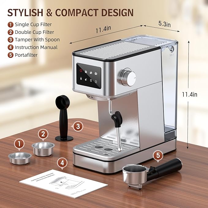 Espresso Machine with Milk Frother, 20 Bar Compact Espresso Maker with Touch Screen & 57.5oz Removable Water Tank for Home, Stainless Steel Coffee Machine for Cappuccino, Latte, Silver(updated)