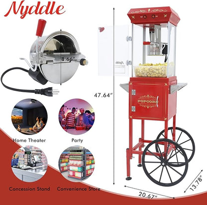 Popcorn Machine Maker With 8 Oz Kettle Makes Up to 32 Cups Popcorn Machine Cart Vintage-Style Popper on Wheels Popcorn Machines for Home (Red)