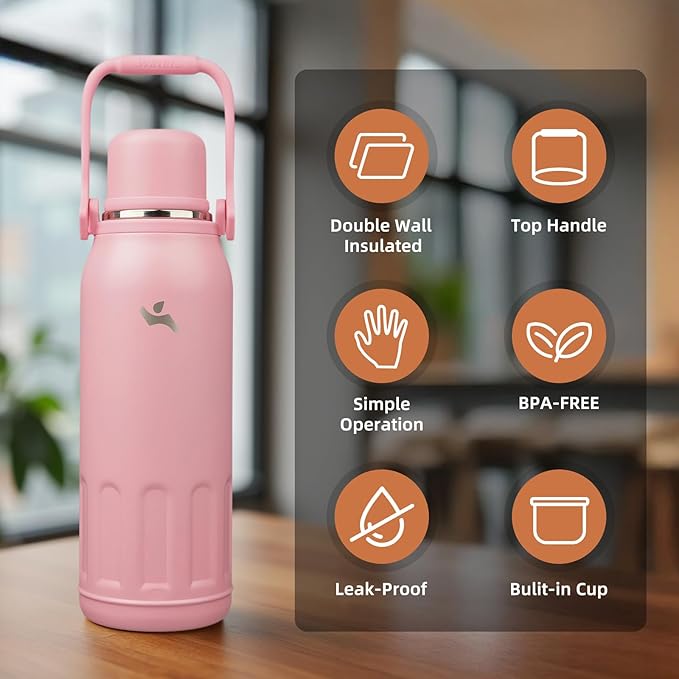 Insulated Water Bottle with Handle and Strap,Vacuum Travel Tumbler with Cup Lid,Thermo Coffee Cup for Hot Cold Drinks 50 OZ,Pink