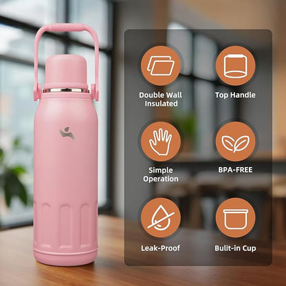 Insulated Water Bottle with Handle and Strap,Vacuum Travel Tumbler with Cup Lid,Thermo Coffee Cup for Hot Cold Drinks 50 OZ,Pink