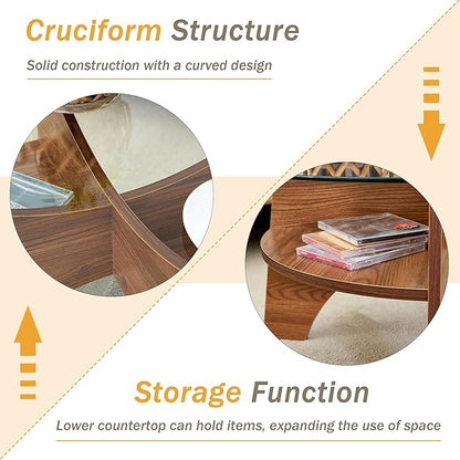 31.5" Round Glass Coffee Table with Tempered Glass Top and MDF Base, Diagonal Fan-Shaped Tray Design Table Leg Simple & Modern Center Table for Living Room Office Apartment Walnut