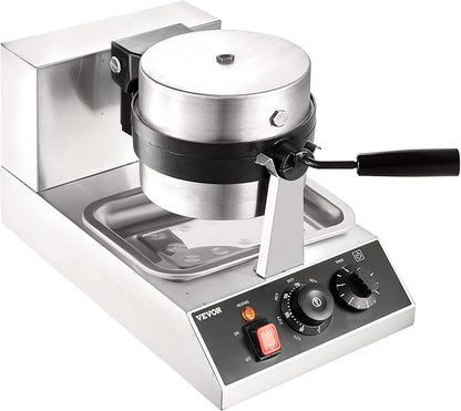 VEVOR Commercial Waffle Maker, 1300W Round Waffle Iron, Non-Stick Rotatable Waffle Baker Machine With 122-572℉ Temp Range and Time Control, Teflon-Coated Baking Pan Stainless Steel Body 120V