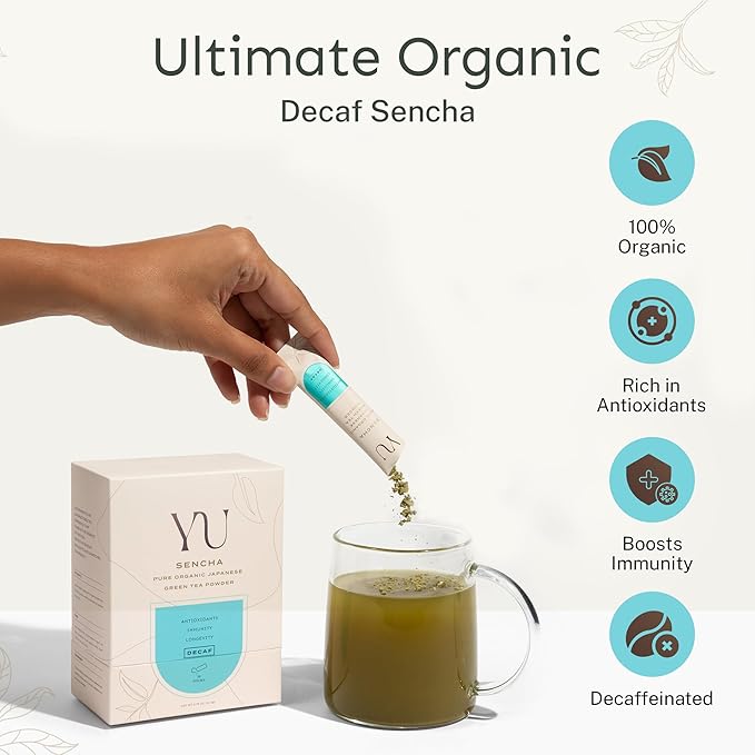 Yu Tea Decaf Organic Sencha Green Tea Powder, Instant Packets | Rich in Antioxidants, EGCG, & L-Theanine | Pure Japanese First Harvest Leaf | Caffeine-Free & Unsweetened | Single Serve Sticks, 30 Ct
