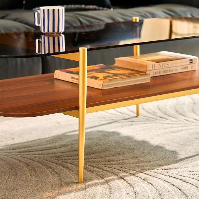 AGV LIGHTING Tadio Large Glass Coffee Table, Mid-Century Modern Coffee Table for Living Room, Gold Finish Leg, Coffee Brown Glass Top & Walnut Brown Shelf, 47 in Rrounded Corners