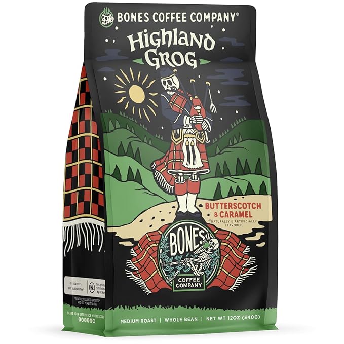 Bones Coffee Company Highland Grog, Butterscotch Caramel Flavored Coffee, Medium Roast Low Acid Arabica Beans Compatible with Auto drip and French Press Coffee Maker, 12 Oz Whole Bean