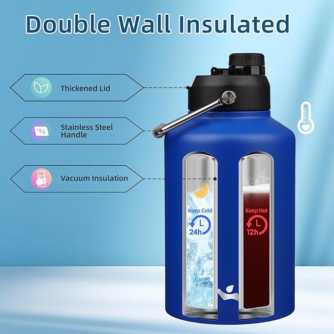 1 Gallon Jug with Handle,128 oz Insulated Water Bottle with Carrying Pouch, Double Wall Vacuum Stainless Steel Metal Bottle,Blue