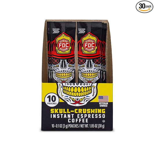Fire Department Coffee - Skull Crushing Instant Espresso Coffee - Instant Coffee Packets Single Serve - Gives Back to Firefighters - Veteran Owned - Enjoy Hot or Cold (Pack of 30)