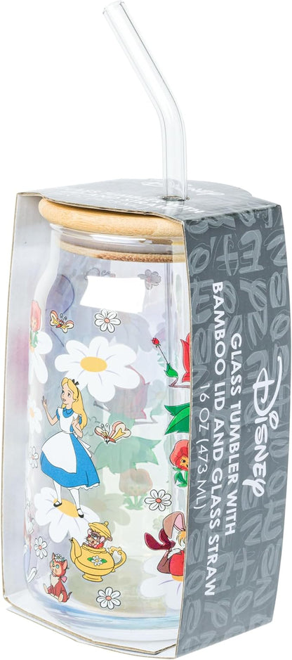 Silver Buffalo Disney Alice in Wonderland Featuring Cheshire Cat, White Rabbit, and Mad Hatter in Wild Flowers Glass Jar Tumbler with Bamboo Lid and Glass Straw, 16 Ounces