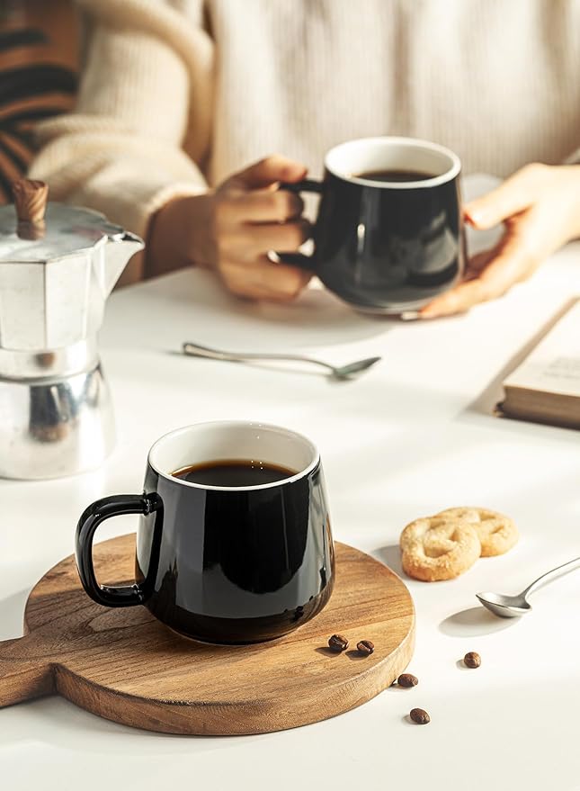 Teocera Ceramic Coffee Mug Set of 4-12 oz Coffee Mugs with Large Handles for Hot or Cold Drinks Like Latte, Cocoa, Tea or Juice - Smooth Ceramic, Dishwasher Safe，Black