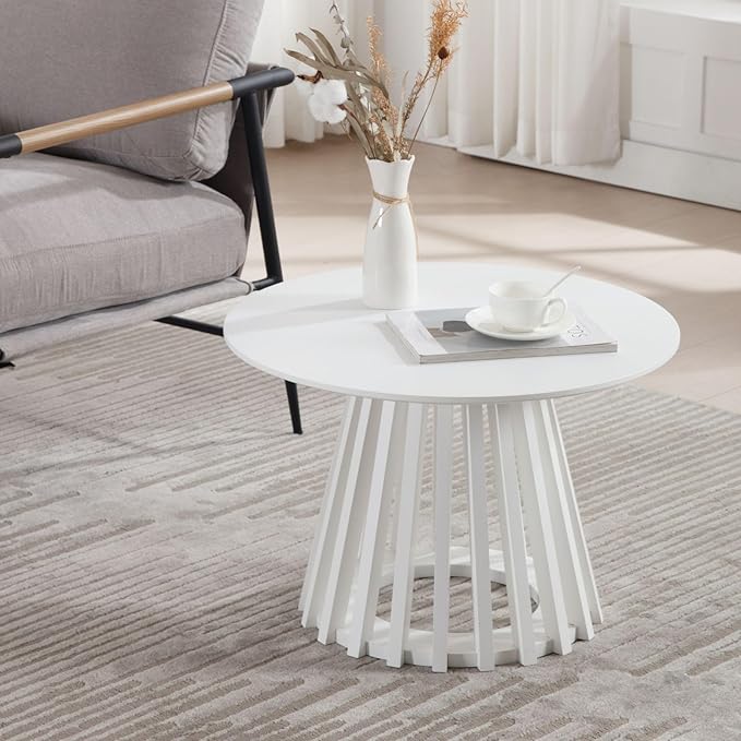 DUOMAY Modern Round Coffee Table with Unique Geometric Base, Sleek White Wood Accent Table for Living Room, Office, Lounge, White