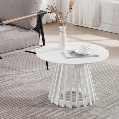DUOMAY Modern Round Coffee Table with Unique Geometric Base, Sleek White Wood Accent Table for Living Room, Office, Lounge, White