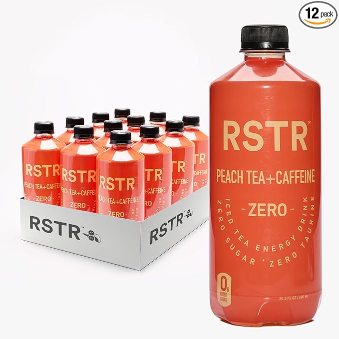 RSTR Peach Tea 12 Pack – Fruity High Energy Beverage – Natral Caffeine, Zero Added Sugar, Ultra Low Calories – Healthy Peach Tea for Adults - No Jitters, Not Carbnated and No Chrash.