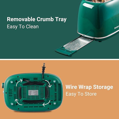 Roter Mond 2 Slice Toaster Retro Stainless Steel with Bagel, Cancel, and Defrost Functions, 6 Bread Shade Settings, Extra Wide Slots and Removable Crumb Tray, Green