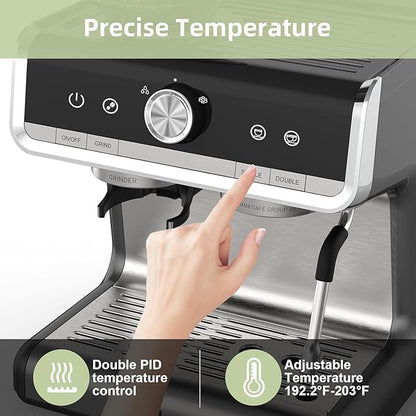 Semi-Automatic Espresso Machine - 1450W/20 Bar Professional Coffee Machine, 30 Grinder Settings, Fast Heating, Milk Frother Steam Wand, Home & Hotel Use, Silver