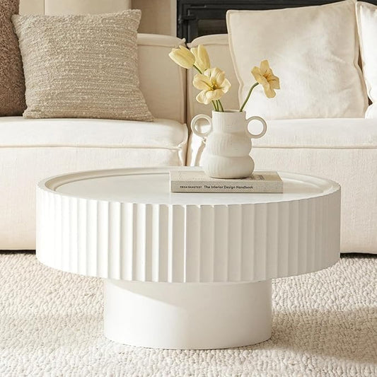 Round Coffee Table, Modern Living Room Tables with Mushroom Shape and Grooved Design, Circle Accent Pinewood Center Table for Living Room, Apartment (White, 31.8''L×14.9''H)