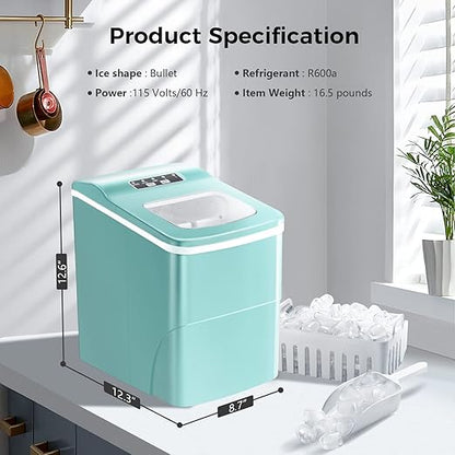 AGLUCKY Ice Makers Countertop with Self-Cleaning, 26lbs/24hrs, 9 Cubes Ready in 6 Mins, Portable Ice Machine with 2 Sizes/Scoop/Basket for Home/Kitchen/Office/Bar/Party, Green