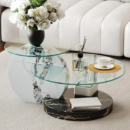 35 Inch Glass Coffee Table，Round Coffee Table with 2-Tier Tempered Glass Tabletop，Easy to Clean Circle Coffee Table with Sturdy Base for Living Room，Office (White & Black Marble Colored Base)