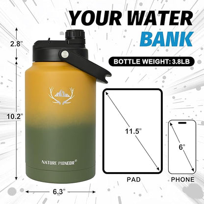NATURE PIONEOR One Gallon Water Bottle Insulated - Large Double Vacuum Stainless Steel 128 oz Water Bottle with Holder/Carrier, 1 Gallon Water Jug,128oz, Wide Mouth