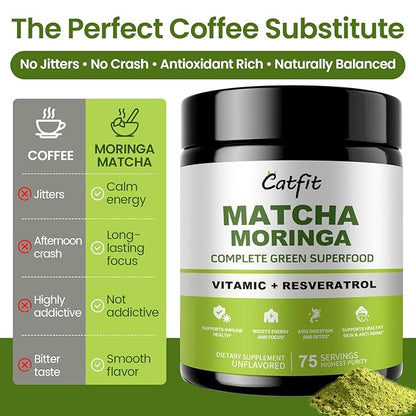 2 Pack Moringa Powder and Matcha Powder, 4 in 1 Superfood Blend with Green Tea and Resveratrol, for Energy, Immune, Digestion, and Antioxidant Support, Vegan, Gluten-Free, Moringa Supplement